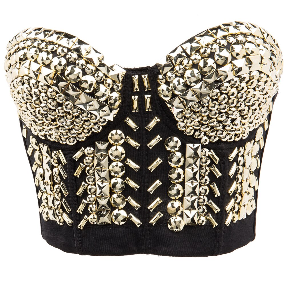 Sexy Bra Women Fashion Spike Stud Rivet Bra Gold Silver Lingerie Punk Party Wear Clubwear push up Bra for women 928 Gold