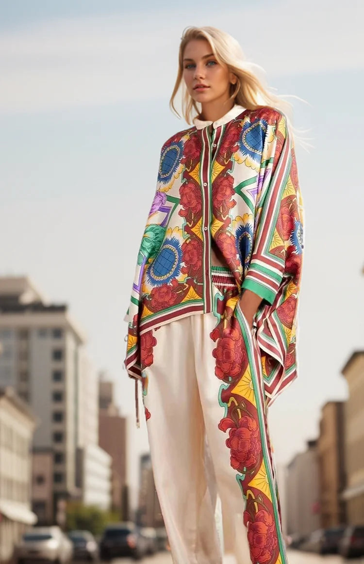 ZARATRAFnew summer women's silk texture printed trousers suit shirt bat shirt + positioning printed high waist trousers