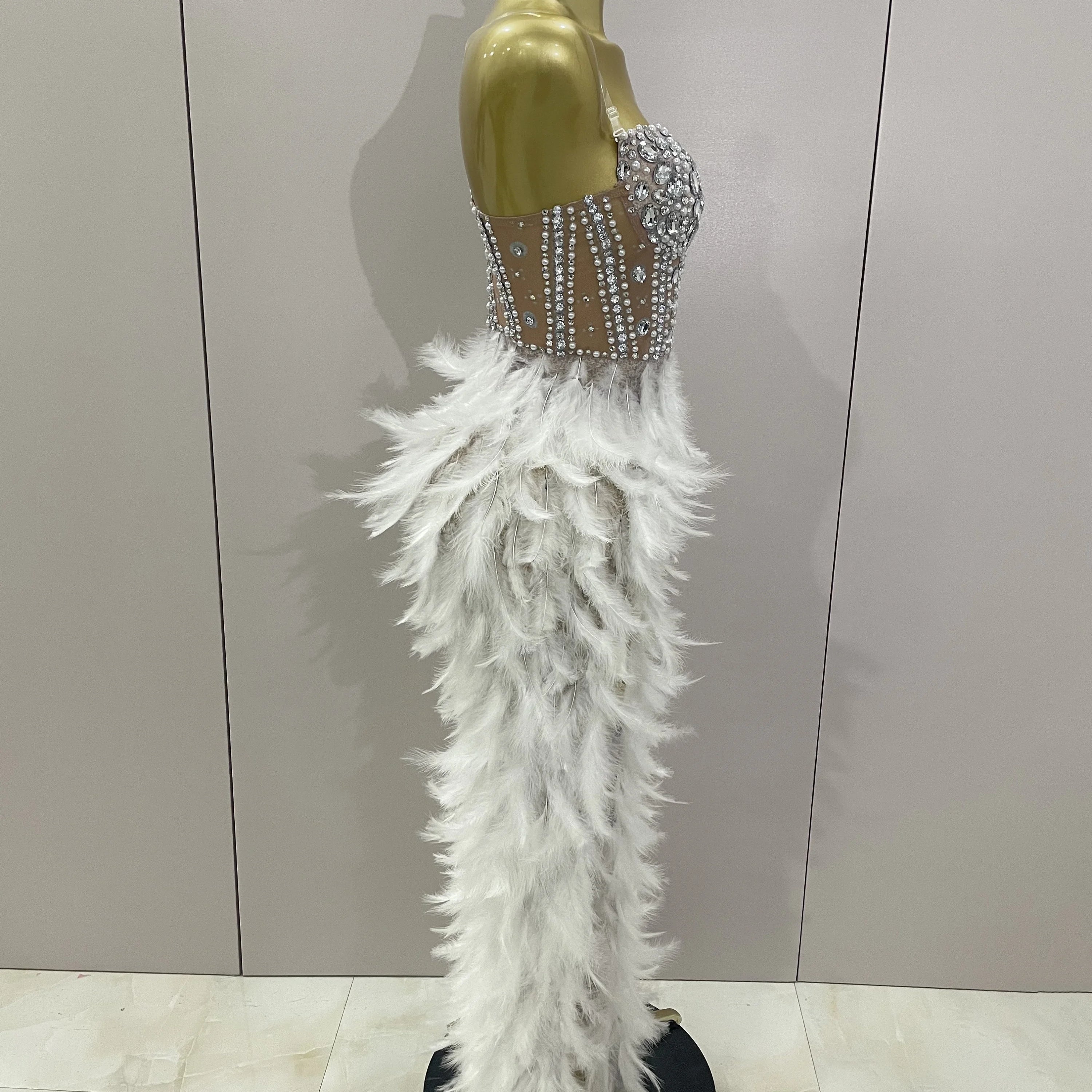 2025 Luxury Sparkle Rhinestone White Feather Sexy Mesh Long Dress Women Evening Party Birthday Performance Photoshoot Costume