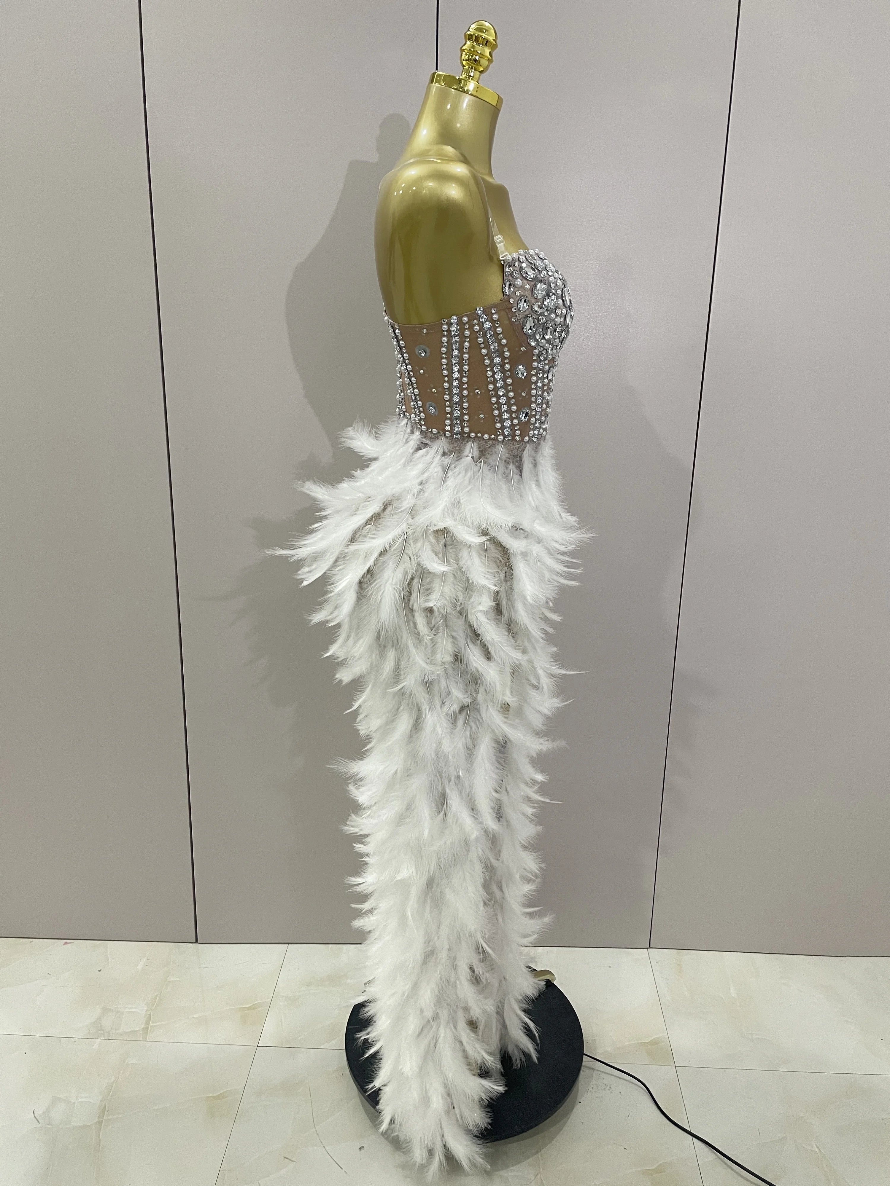 2025 Luxury Sparkle Rhinestone White Feather Sexy Mesh Long Dress Women Evening Party Birthday Performance Photoshoot Costume