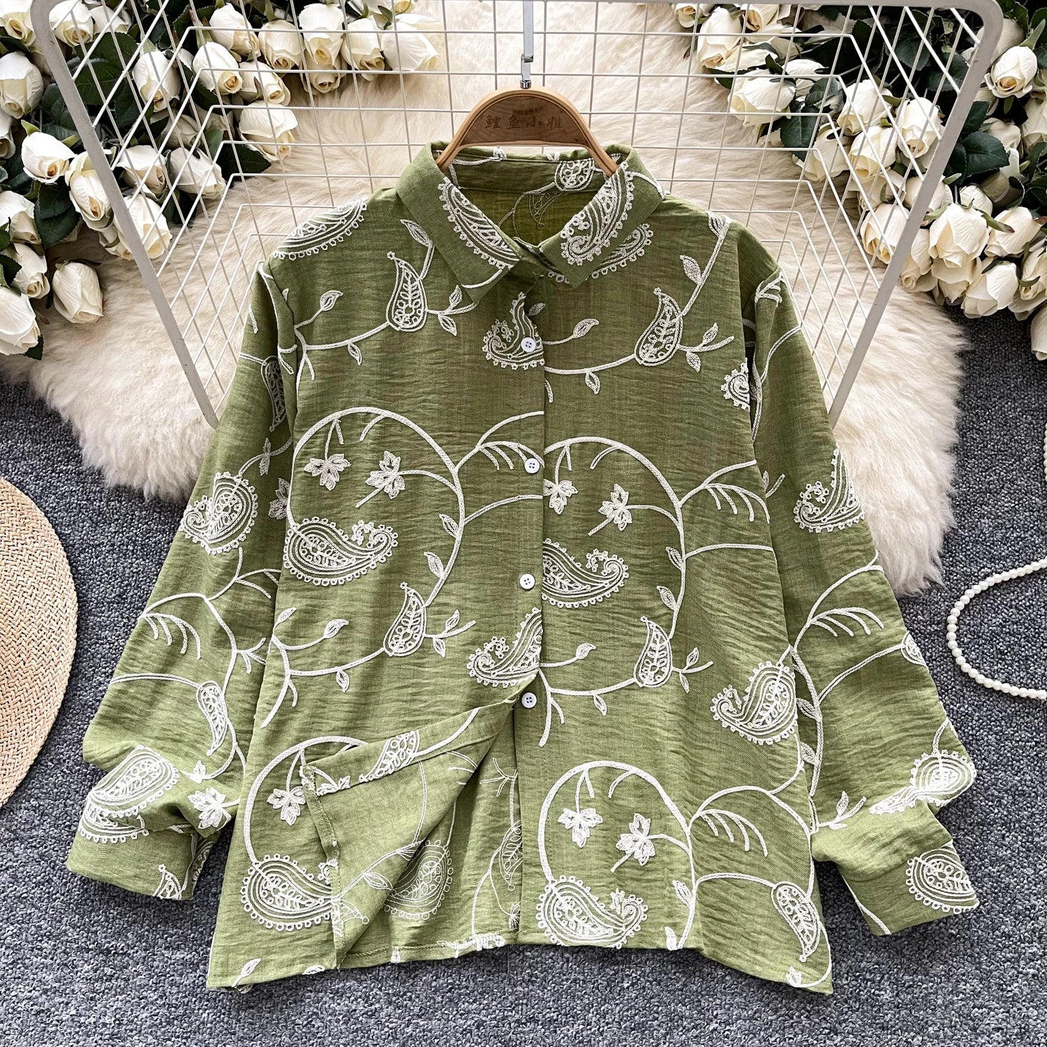 Vintage Elegant Embroidery print turn-down collar Blouse Fashion Single Breasted sweet Shirt Casual Chic Top Fairy Summer Women green One Size