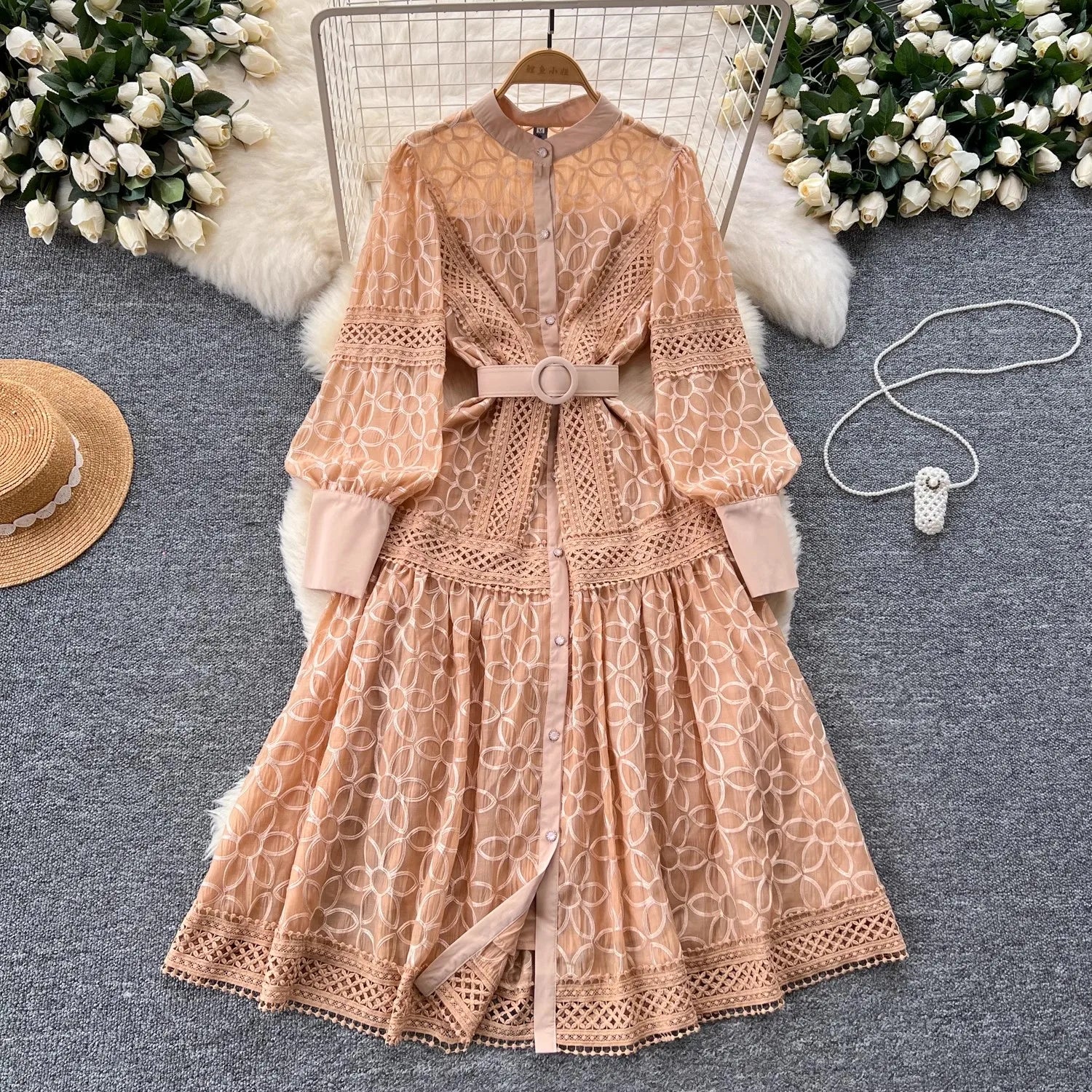 Autumn Elegant Hollow Out Spliced Lace Flower Embroidery Dress Women's Stand Collar Bandage Single Breasted Party Midi Vestidos apricot