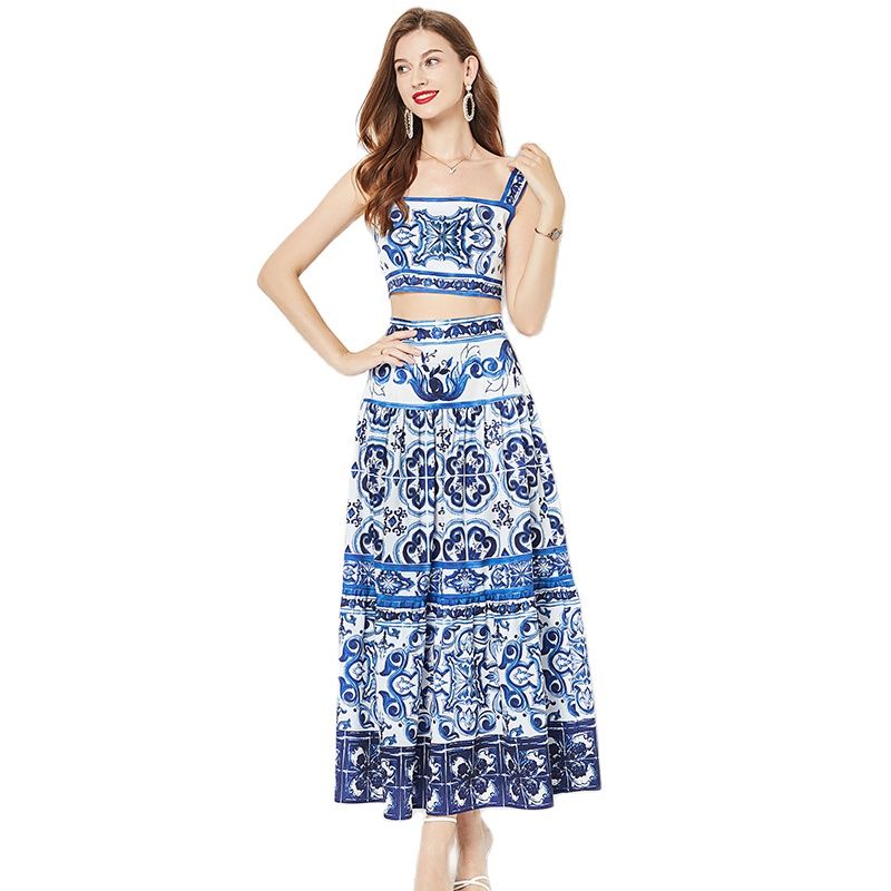 Summer Floral Dress Sets Women 2 Piece Outfit Sexy Slim Tops and Skirt Party Set 2024 Suspender Strap Suit Ballgown Frocks