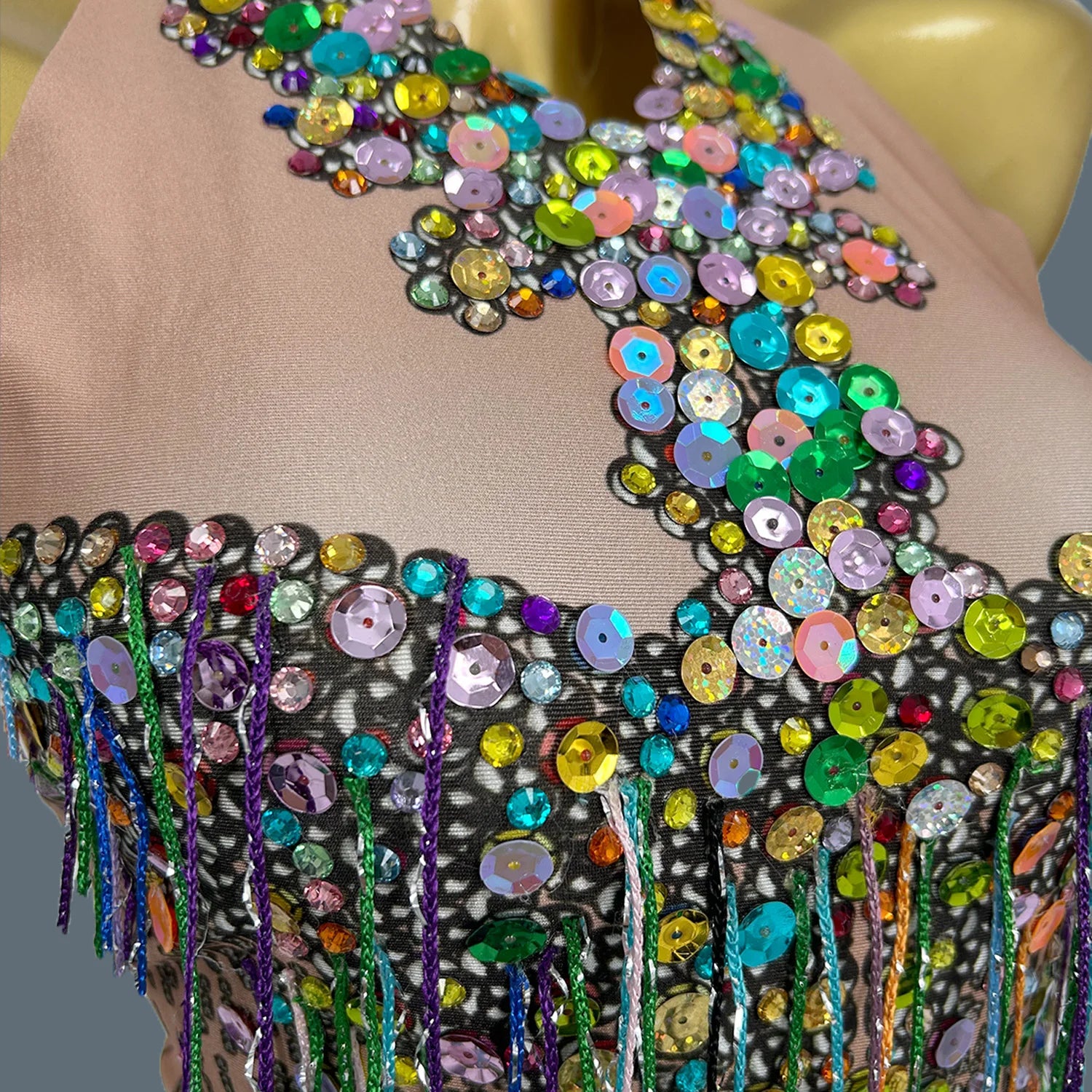 Women's Colourful Rhinestones Tassel Bodysuit Sequins Sleeveless Leotard Sexy Dance Stage Performance Birthday Party Wucaibinfen