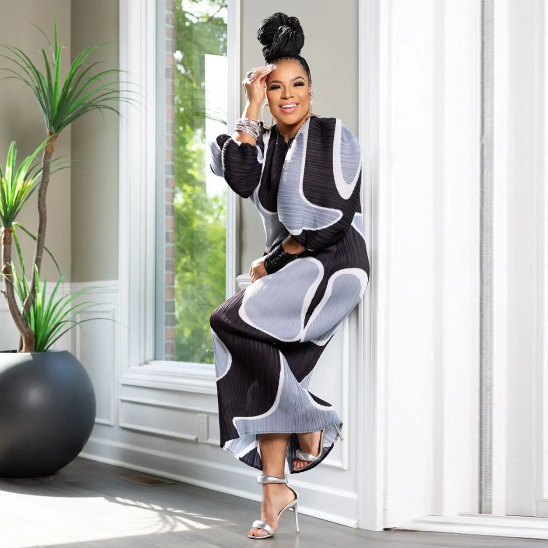 Elegant Women Pleated Half Lantern Sleeve O-neck Slim Maxi Long Dress Print Fashion Autumn 2024 Ruched Dresses Vestidos