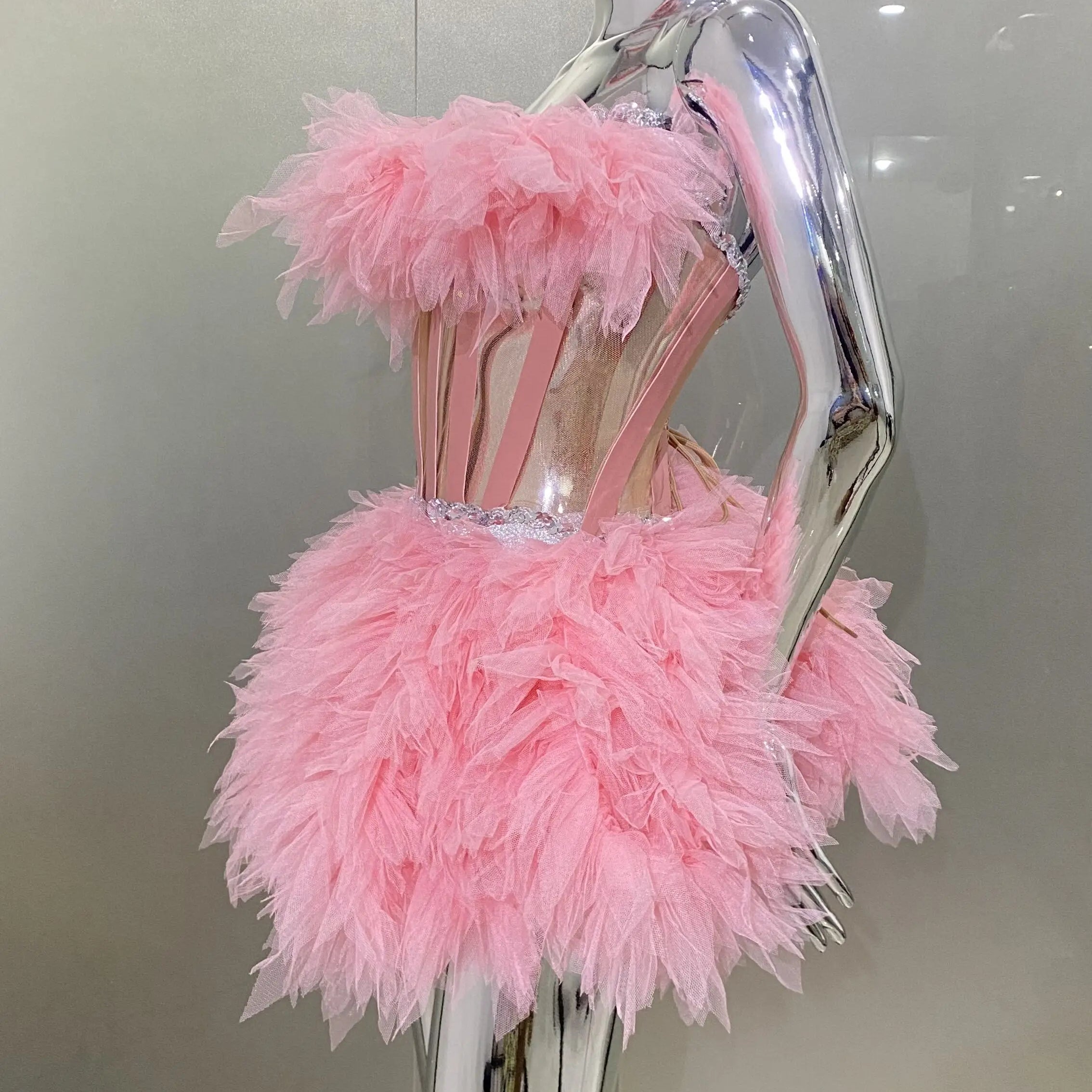 Pink Sweet Woman Set Sparkling Crystal Strapless Top And Mini Puffy Skirt 2 Pieces Birthday Party Vestido Performance Costume