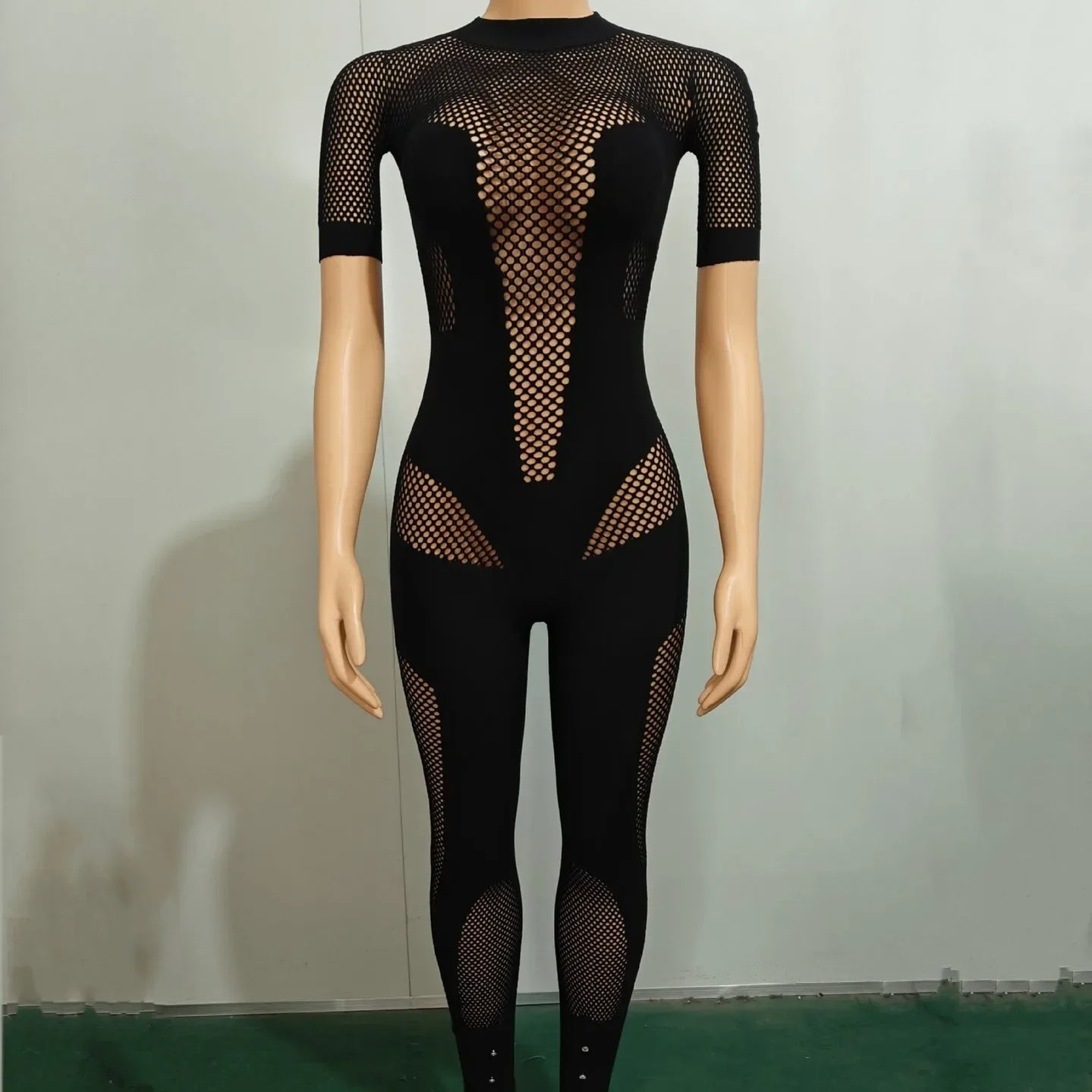 CM.YAYA Short Sleeve Women Mesh Hollow Out O-neck Rompers Jumpsuits 2024 Summer Sleep Night Club Party One Piece Sexy Outfits