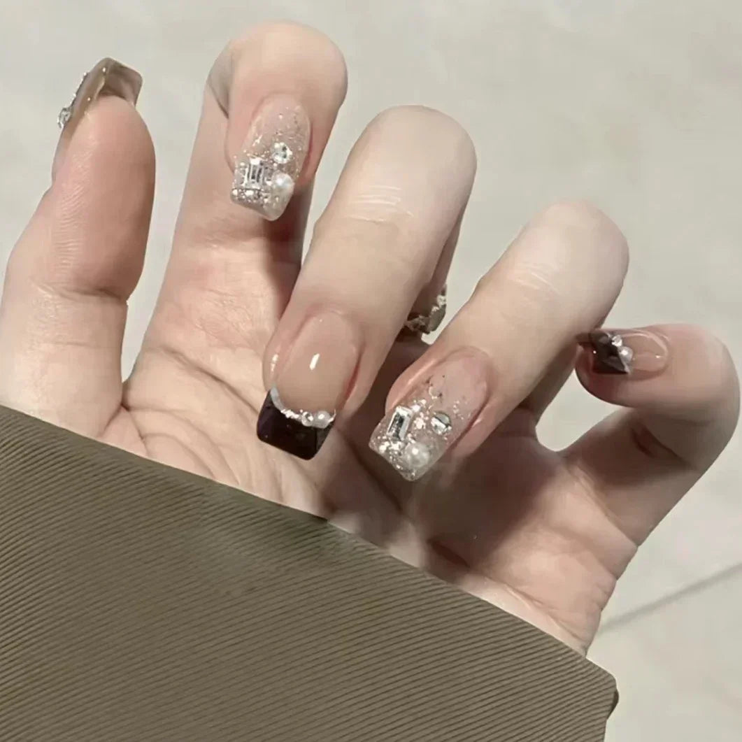 Shiny Crystal Glitter Powder Cat Eye Rhinestone Pearl Short Fake Nails Art Korean False Nails Zircon DIY Press on Nails Manicure MT2369GN022