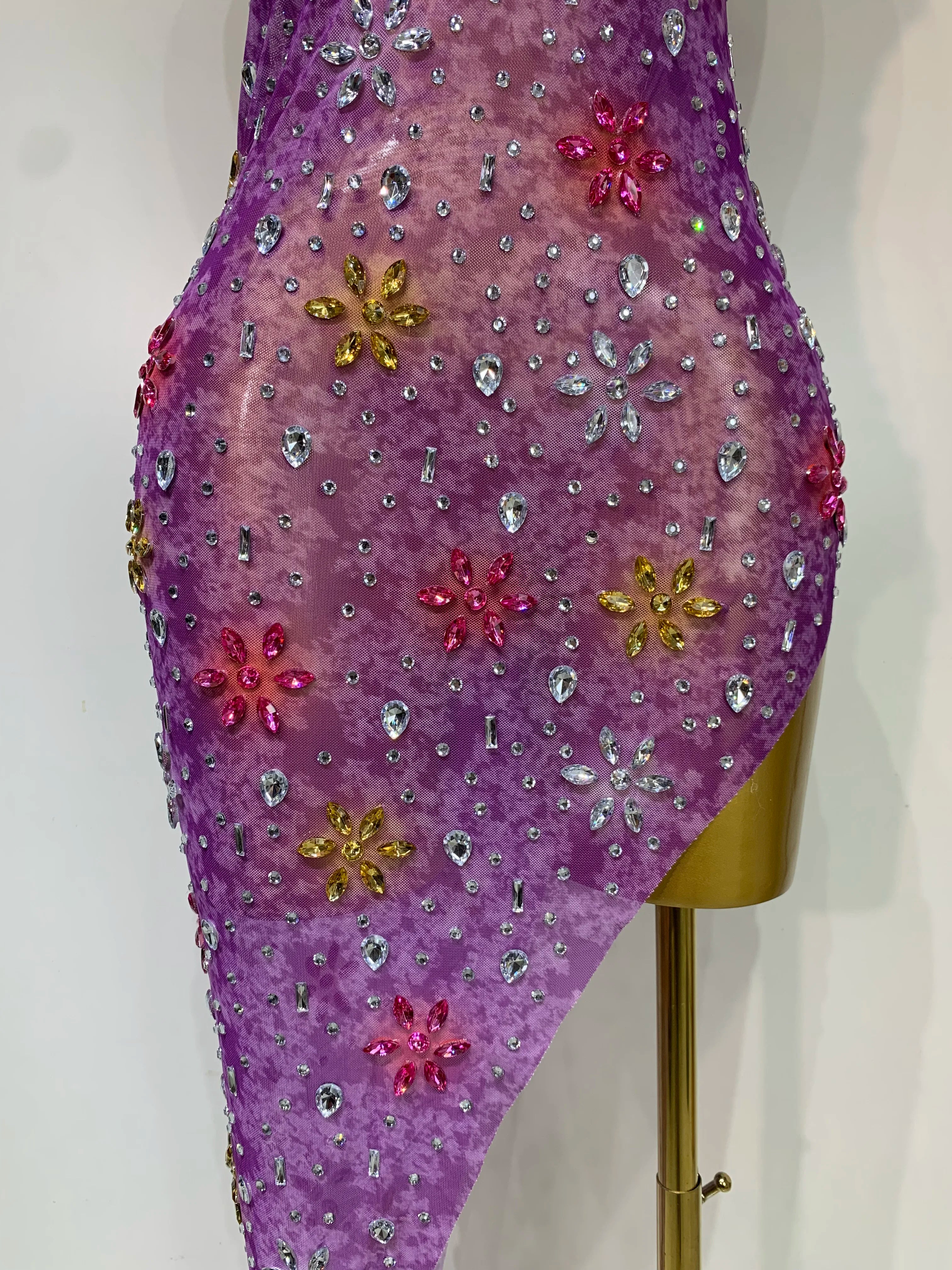 Women Sexy Mesh See Through Stretchy Sparkly Rhinestone Performance Costume Stage Dancer Nightclub Party Luxury Birthday Dress