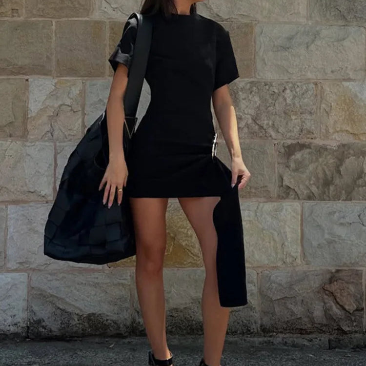 Short Sleeve Draped Sexy Mini Dress For Women Black Metal Buckle O Neck High Waist Bodycon Club Dress Vestido Clothes