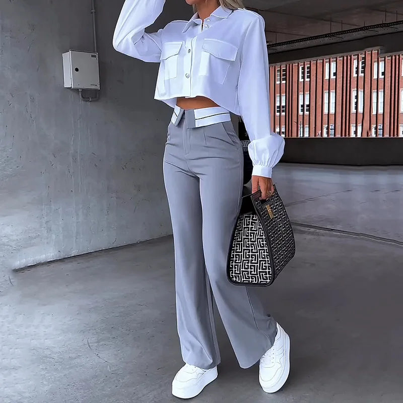 fall spring Women Two Piece Set Office Simple Solid Lapel Long Sleeve white Shirt Top gray Pants Set blazer elegant Y2K 1