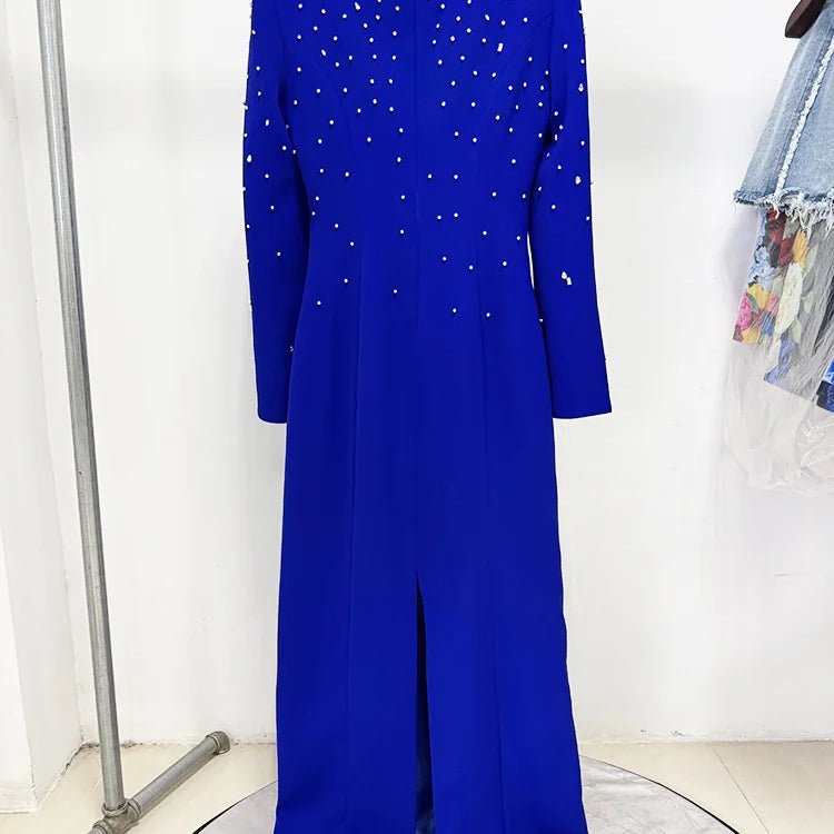 Solid Slimming Spliced Bead Luxurious Dresses for Women Square Neck Long Sleeves Patchwork Split Dress Femlae New