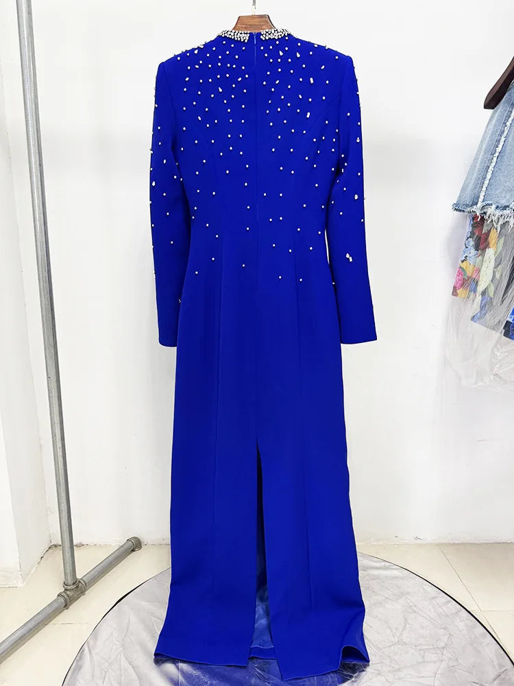 Solid Slimming Spliced Bead Luxurious Dresses for Women Square Neck Long Sleeves Patchwork Split Dress Femlae New