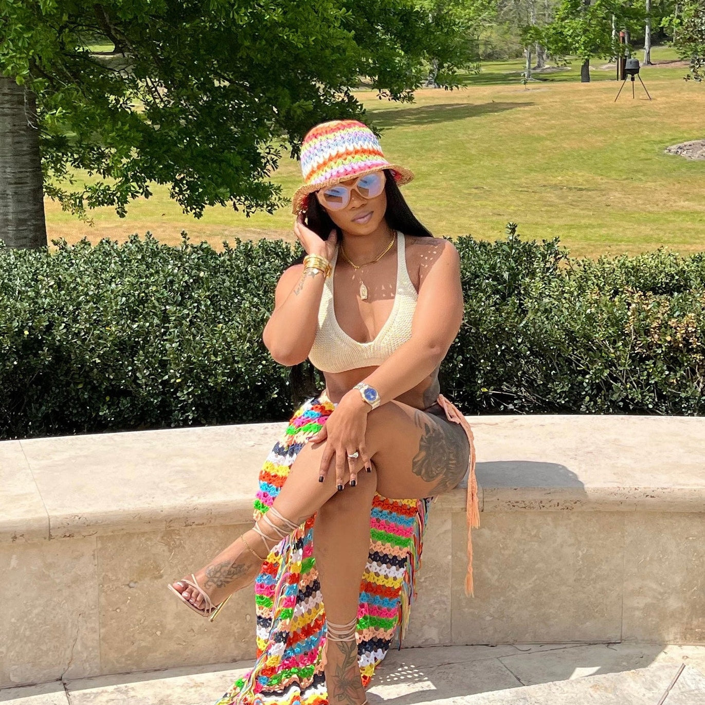 Womens Crochet Beach Cover Up Skirts Sexy High Side Slit Tassel Hem Rainbow Striped Long Maxi Skirt 2024 Summer Vecation Dress