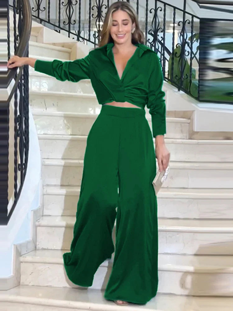 Drauuing 2 Pieces Sets Women Shirts Top And Wide Leg Pant Outfits Women Blouse Sets Women Crop Top And Pant 2 Pieces Sets green