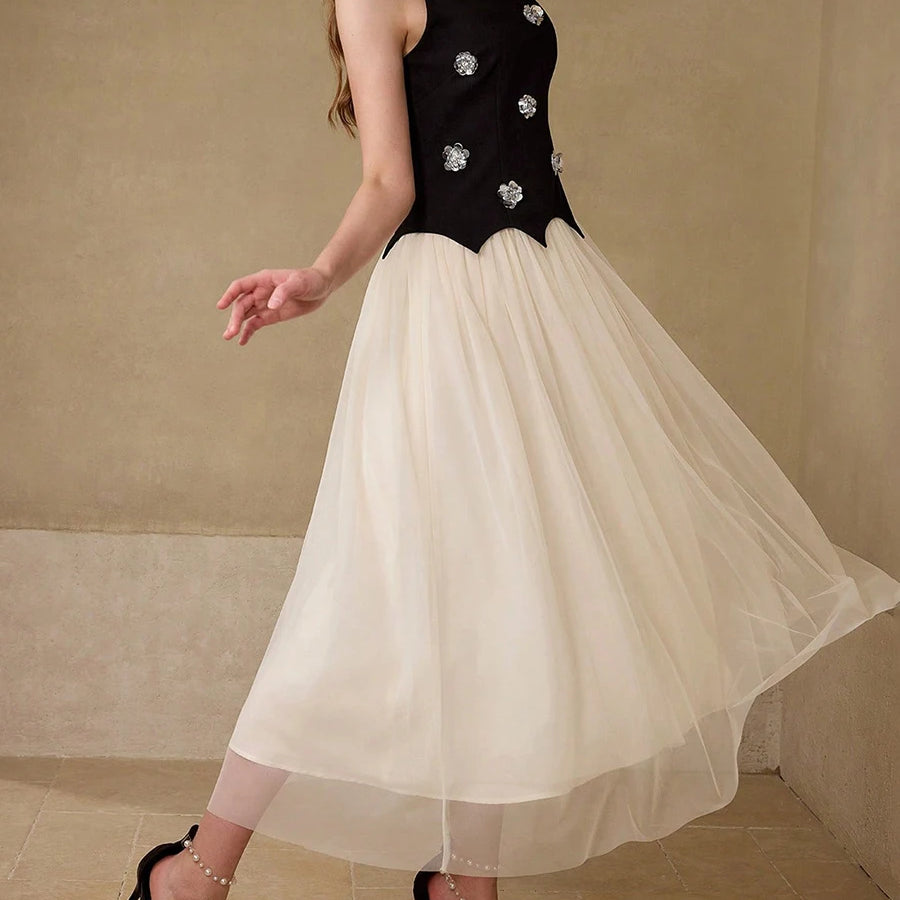 Hit Color Spliced Appliques Elegant Dresses for Women Round Neck Sleeveless Patchwork Mesh Dress Female Fashion New