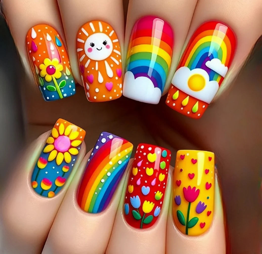 Medium and long square-shaped European manicure, fashionable manicure for New Year and spring and summer, purple gradient flower Yellow