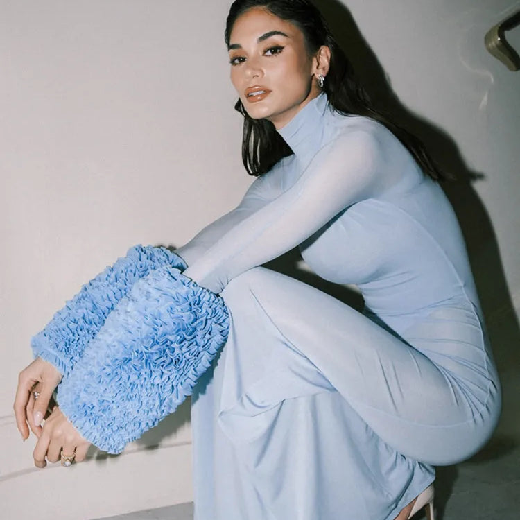 New Women Celebrity Sexy Long Sleeve Mesh Sky Blue Maxi Long Bodycon Dress 2024 Elegant Evening Club Party Outfit