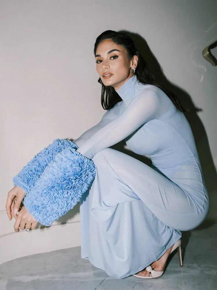 New Women Celebrity Sexy Long Sleeve Mesh Sky Blue Maxi Long Bodycon Dress 2024 Elegant Evening Club Party Outfit