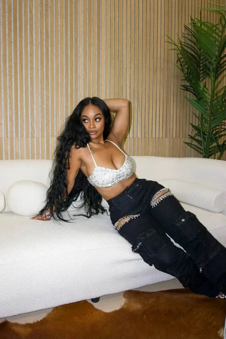 Women Cutout Diamonds Crystal Hollow Out Straight Denim Pants 2024 Fall Multi Pocket High Waist Wide Leg Jeans Trousers