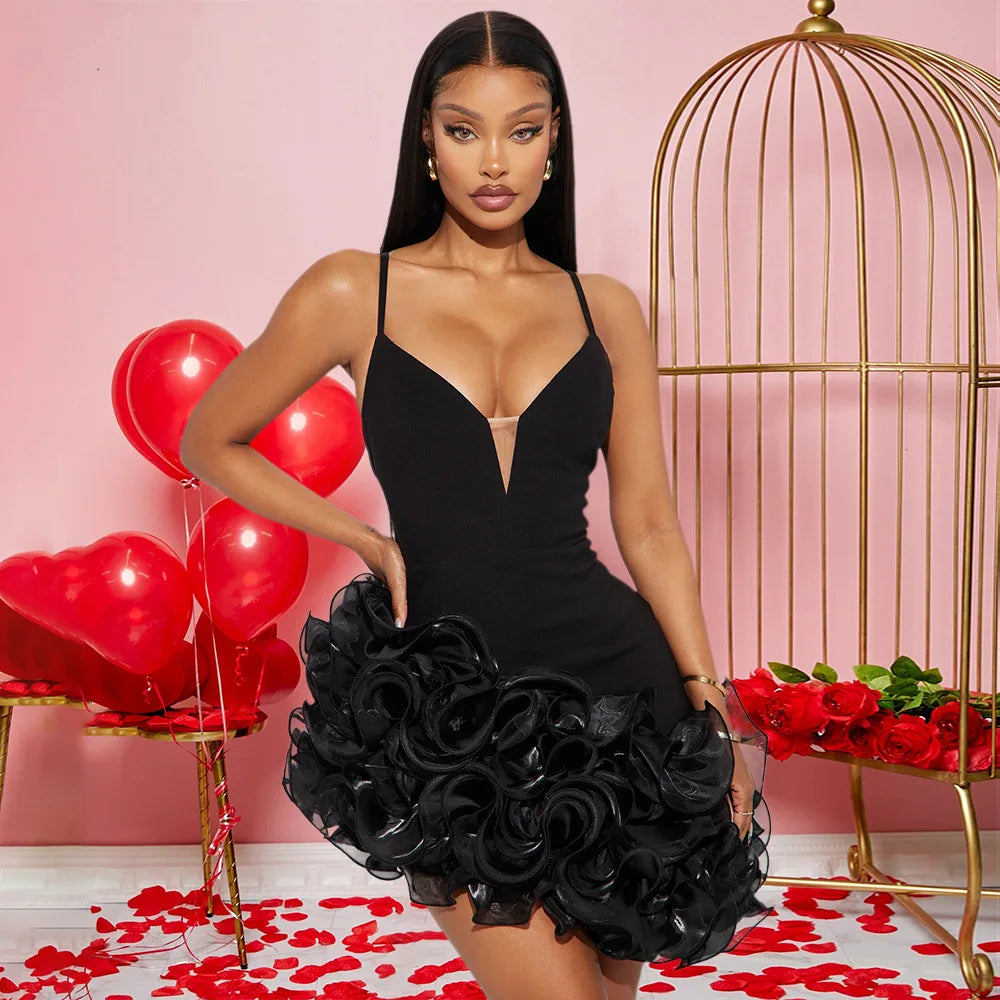 Women V-neck Strap Mult Ruffles Sleeveless Bodycon Mini Dress Sexy Evening Night Party Club irregular Vestidos Dresses Black