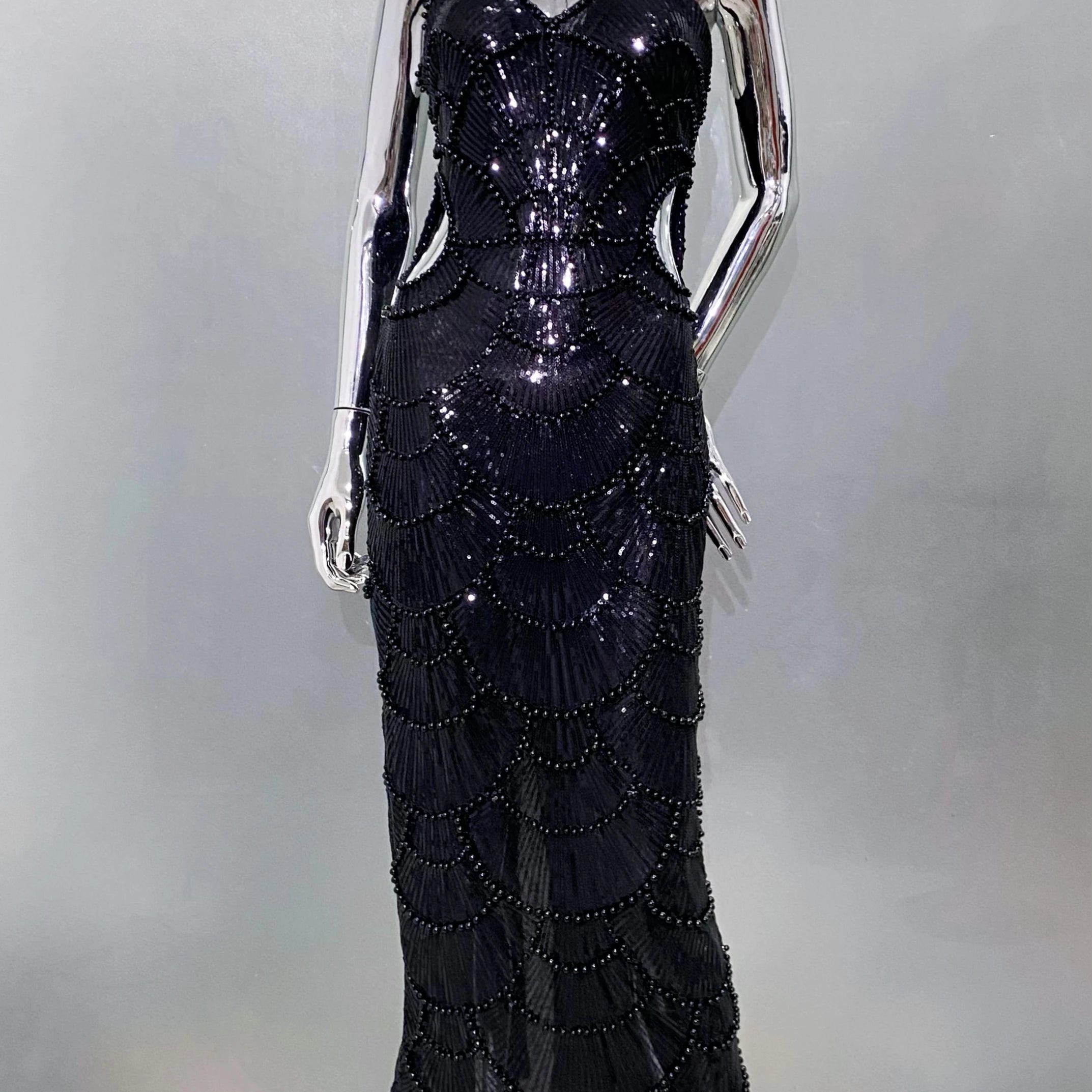 STOCK Shining Sequins Beading Hollow Out Spaghetti Strap Long Dress Woman Birthday Party Dress Sweet Dateing Outfit black
