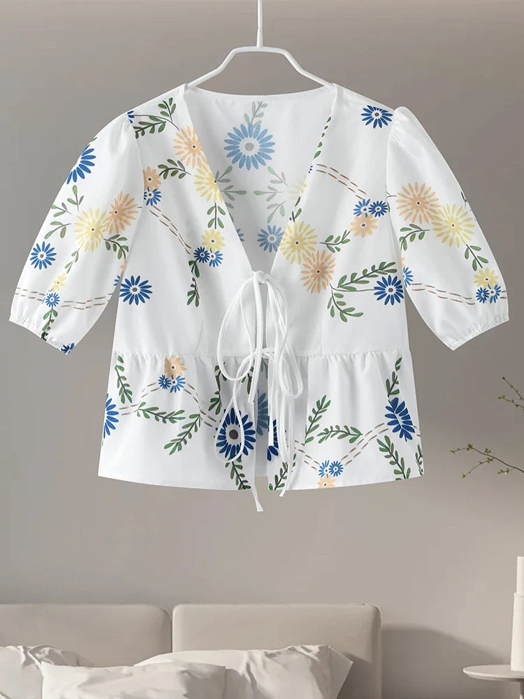 Fashion Print Bow Lace Up Women Blouses Loose V-neck Short Puff Sleeve Female Shirts Spring Summer Casual Lady Flower Tops