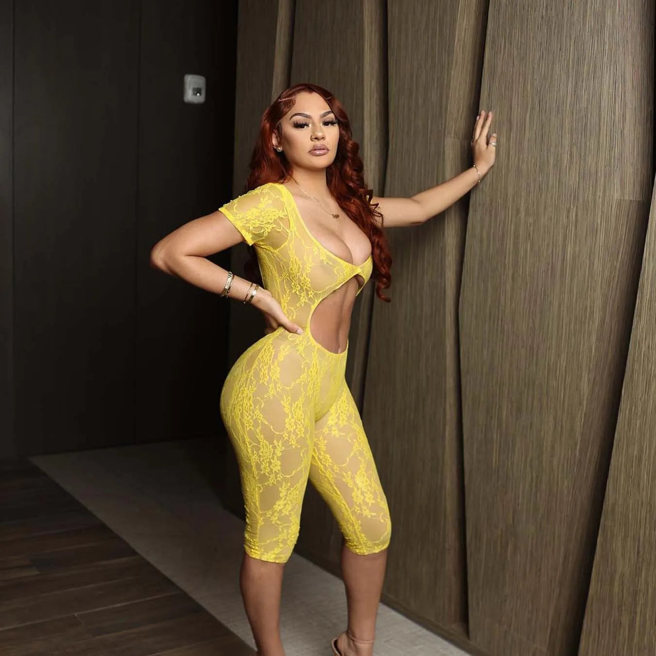 2024 Spring Short Sleeve Backless Women Lace Hollow Out Casual Rompers Playsuit Short Jumpsuits V-neck One Piece Outfits yellow