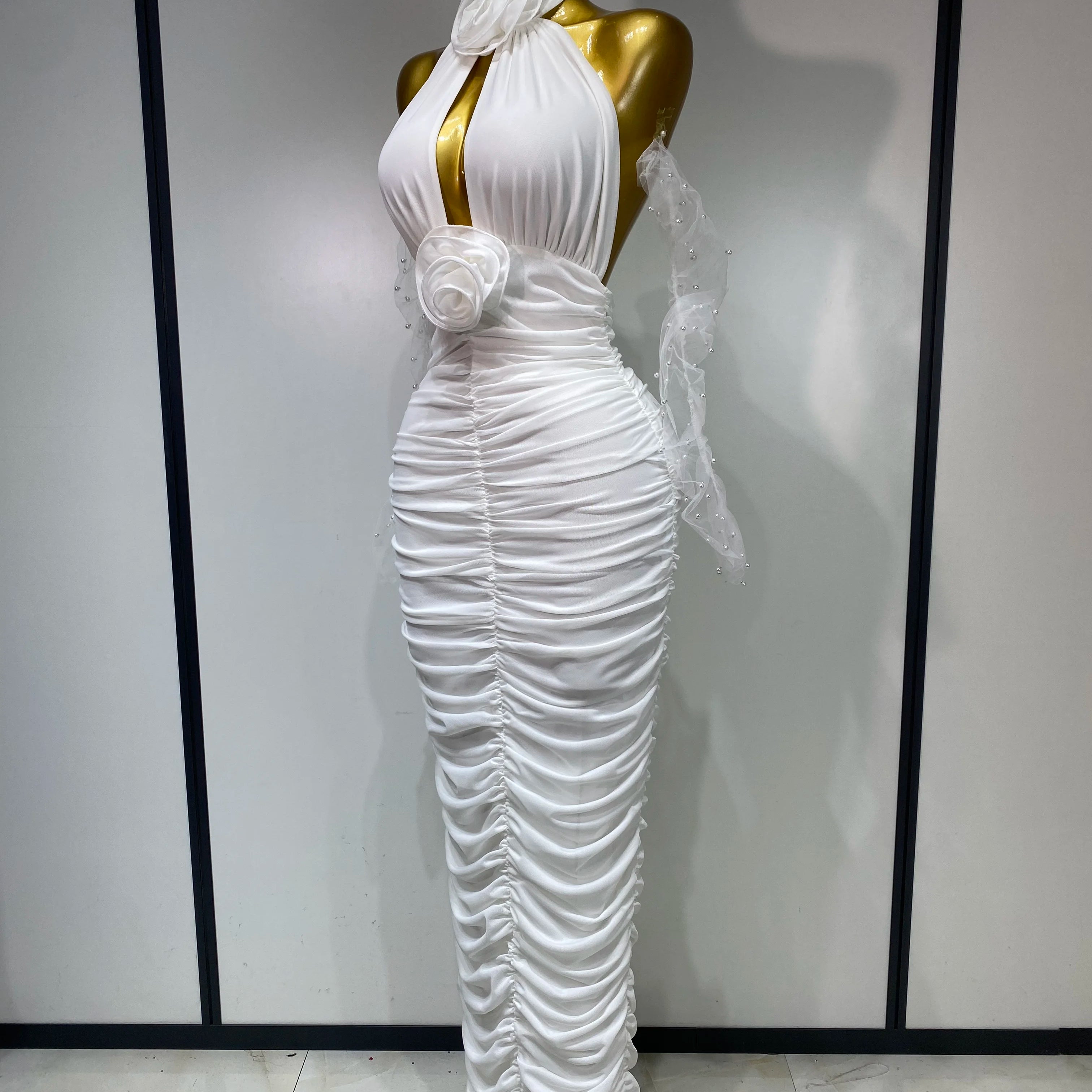 Women Sexy Cut Out Flower Pleated Bodycon Long Dress Celebrity White Elegant Evening Party Cocktail Luxury Birthday Dress