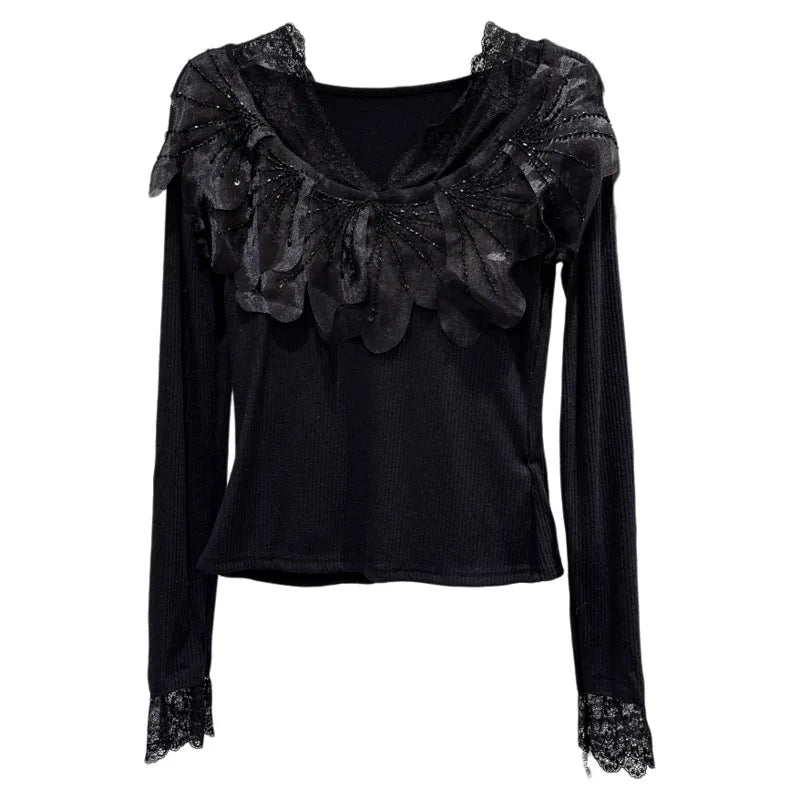 Winter New Elegant Fashion V-neck Lace Patchwork Chiffon Floral Cotton Knitted T-shirt For Women Slim Fit Top 11A07823