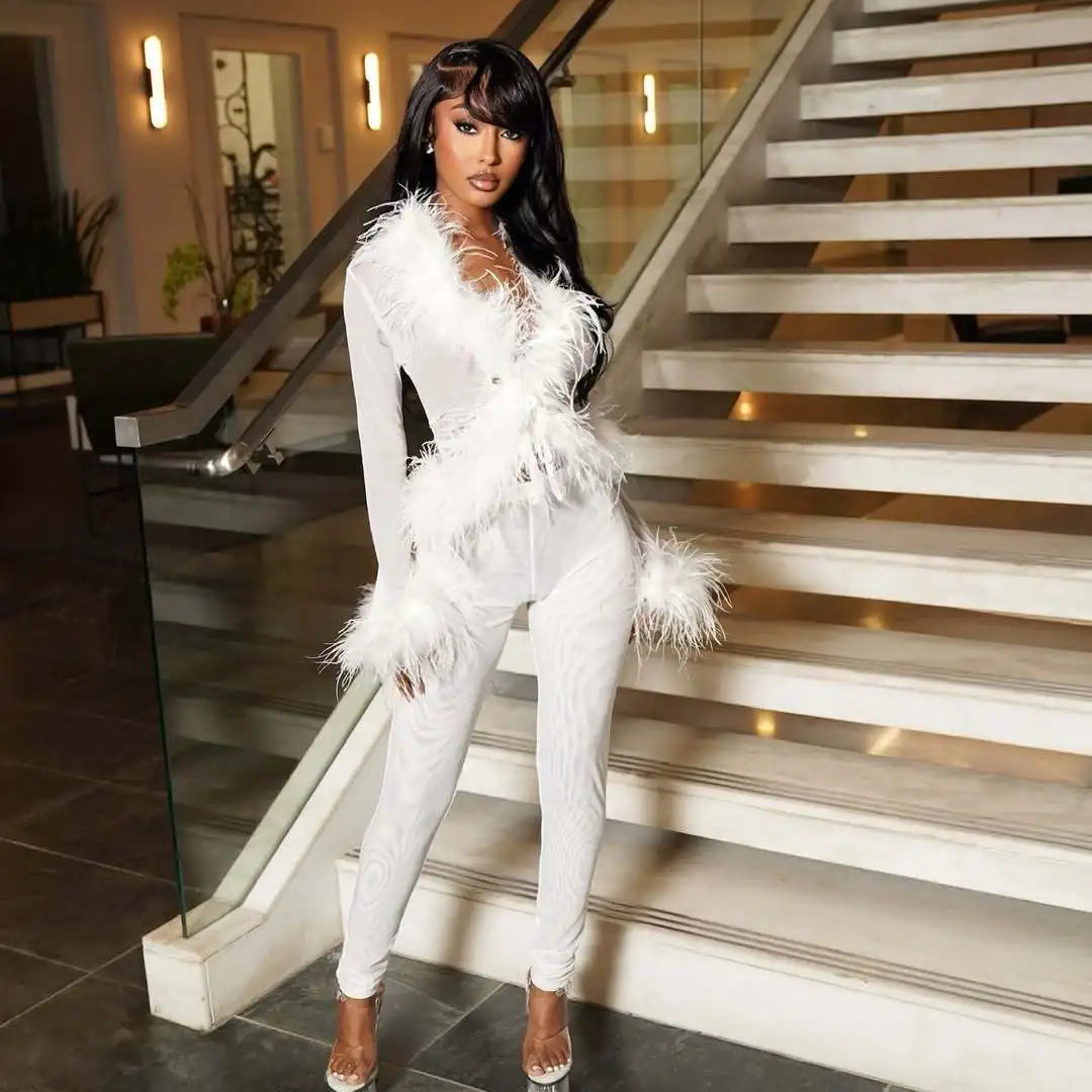 Fashion Mesh See Though Women's Set Feather Side Long Sleeve Crop Top and Legging Pants 2025 Sexy Two 2Piece Sets Outfit White