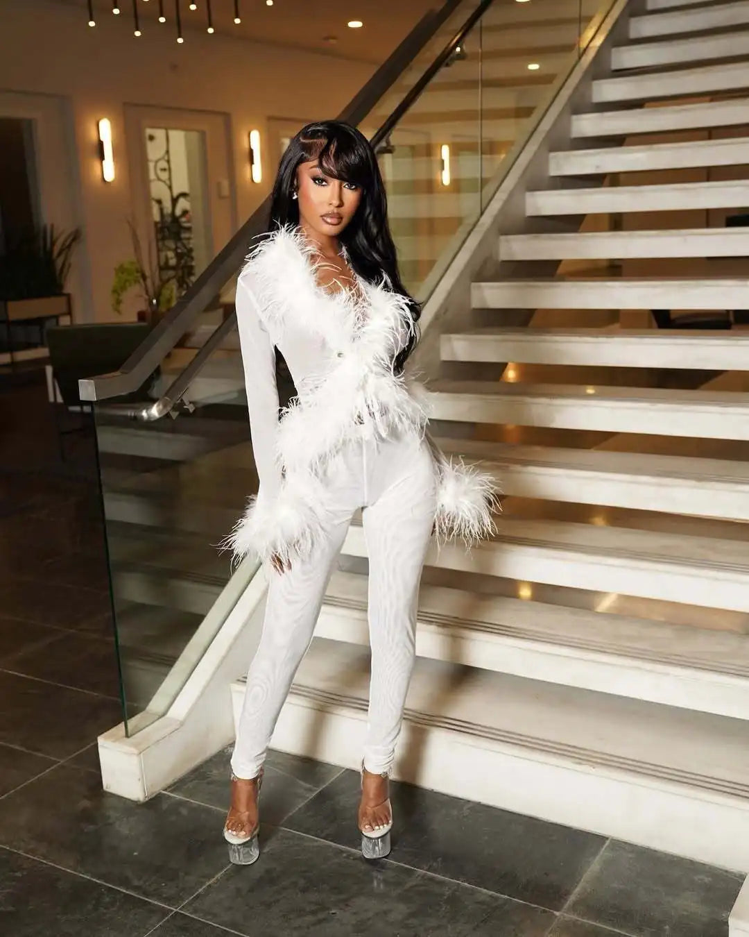 Fashion Mesh See Though Women's Set Feather Side Long Sleeve Crop Top and Legging Pants 2025 Sexy Two 2Piece Sets Outfit White