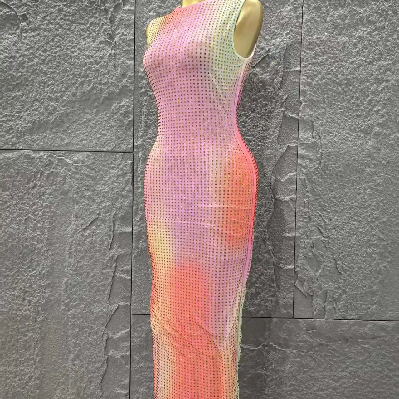 Shinning Rhinestones Women Sleeveless Sexy O-Mecl Bodycon Long Dress Mesh High Stretch Celebrate Evening Party Cocktail Dress