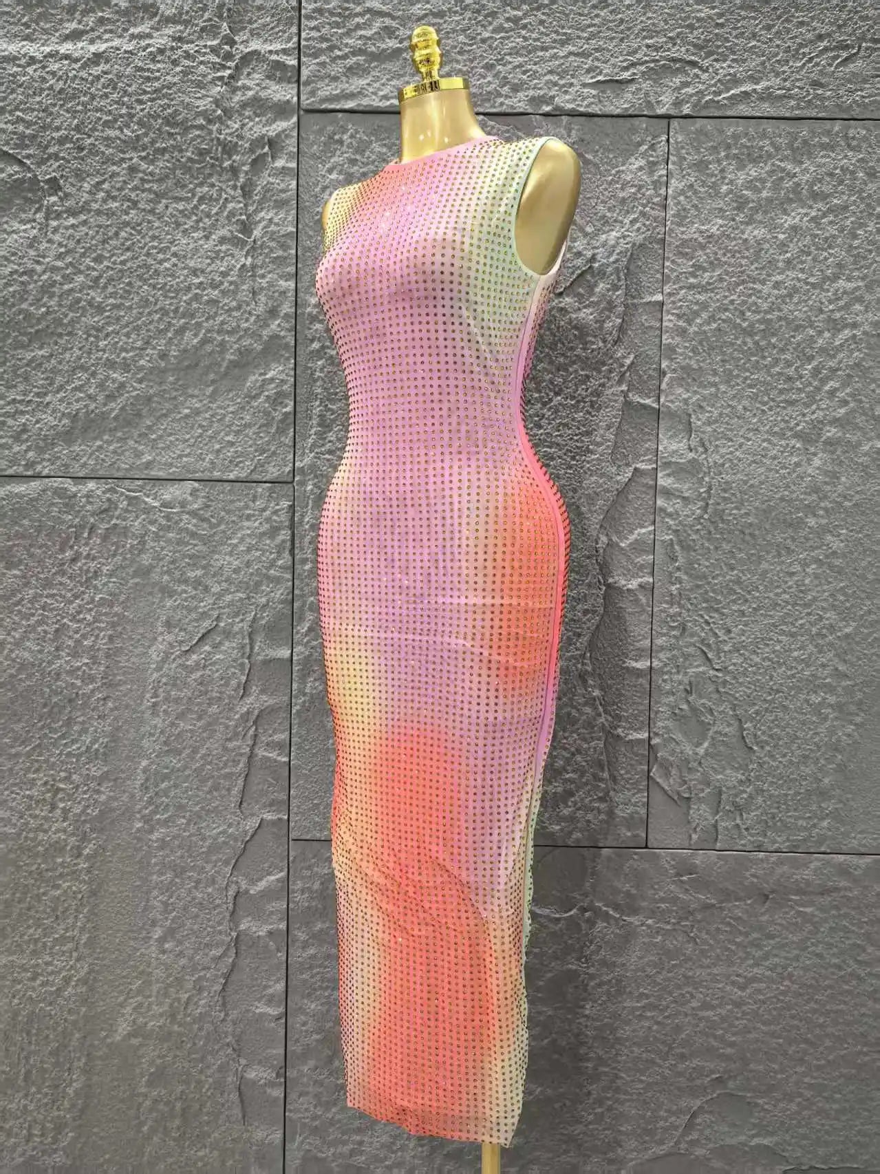 Shinning Rhinestones Women Sleeveless Sexy O-Mecl Bodycon Long Dress Mesh High Stretch Celebrate Evening Party Cocktail Dress
