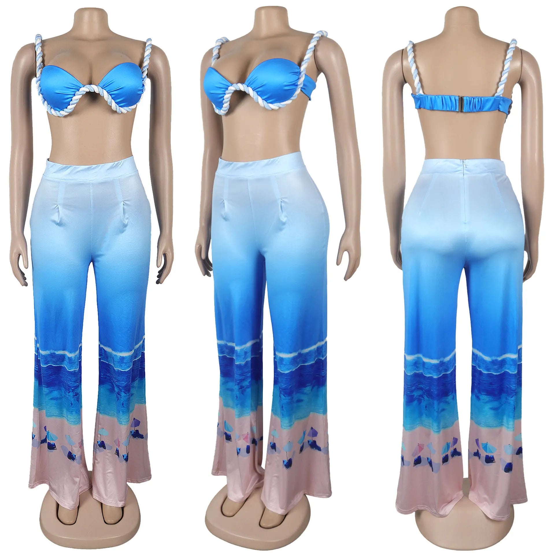 Summer Women's Set Beach Print Sleeveless Strapless Tops +Wide Leg Pants Suits Street Two 2 Piece Sets Bohemian Outfits