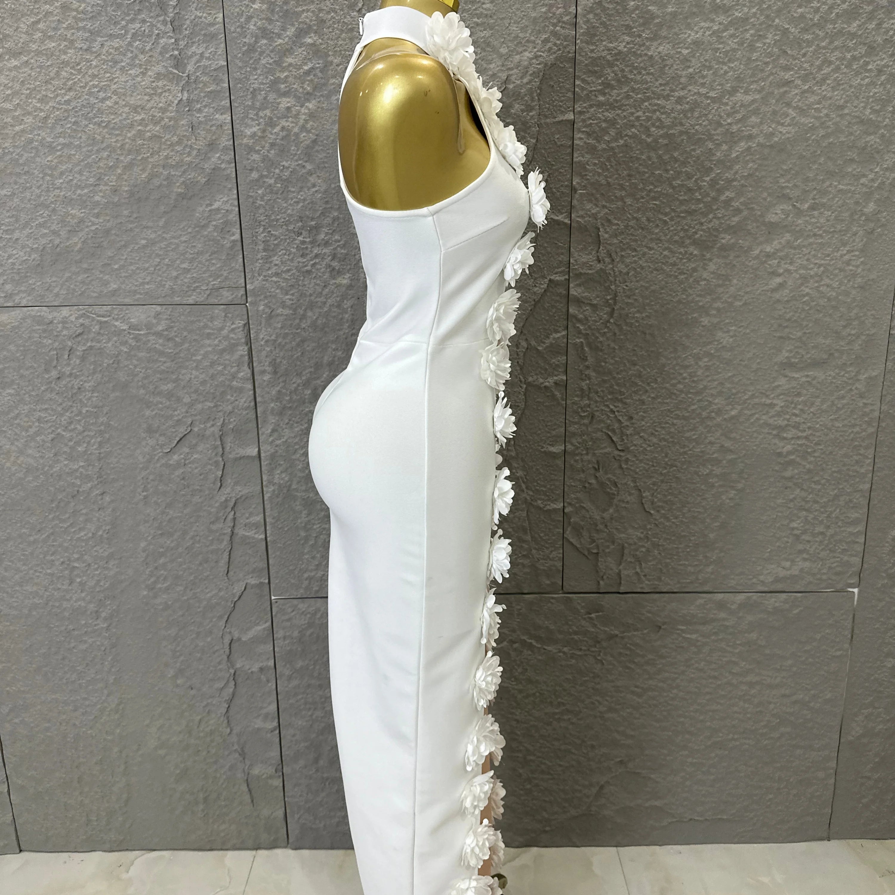 White Halter Neck Maxi Dress Women Sexy Sheer Nude Mesh 3D Floral Applique Form-Fitting Outfit Formal Event Party Costume