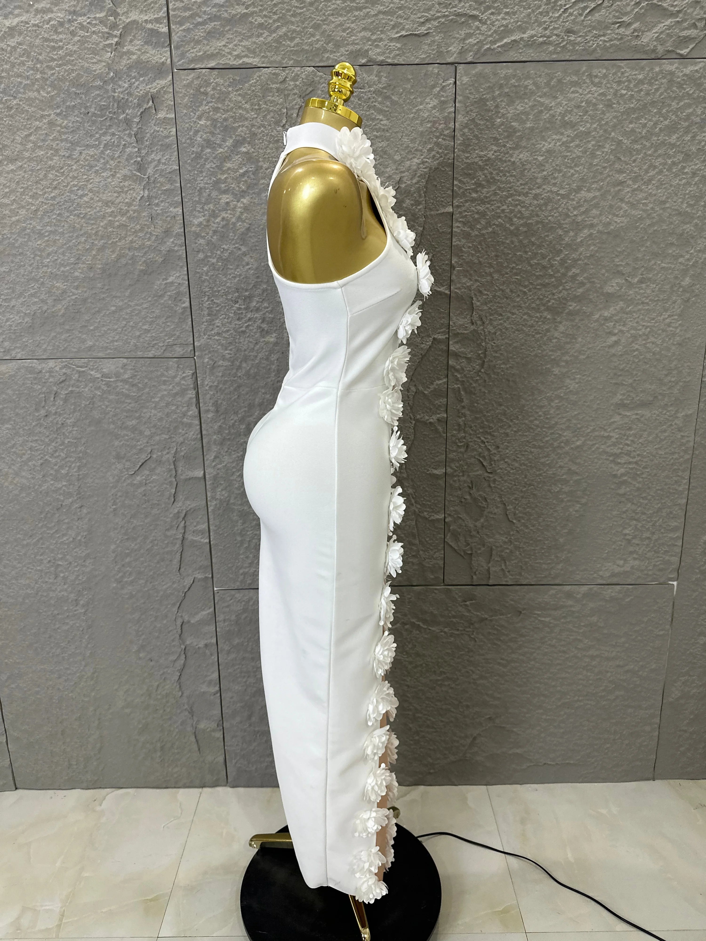 White Halter Neck Maxi Dress Women Sexy Sheer Nude Mesh 3D Floral Applique Form-Fitting Outfit Formal Event Party Costume