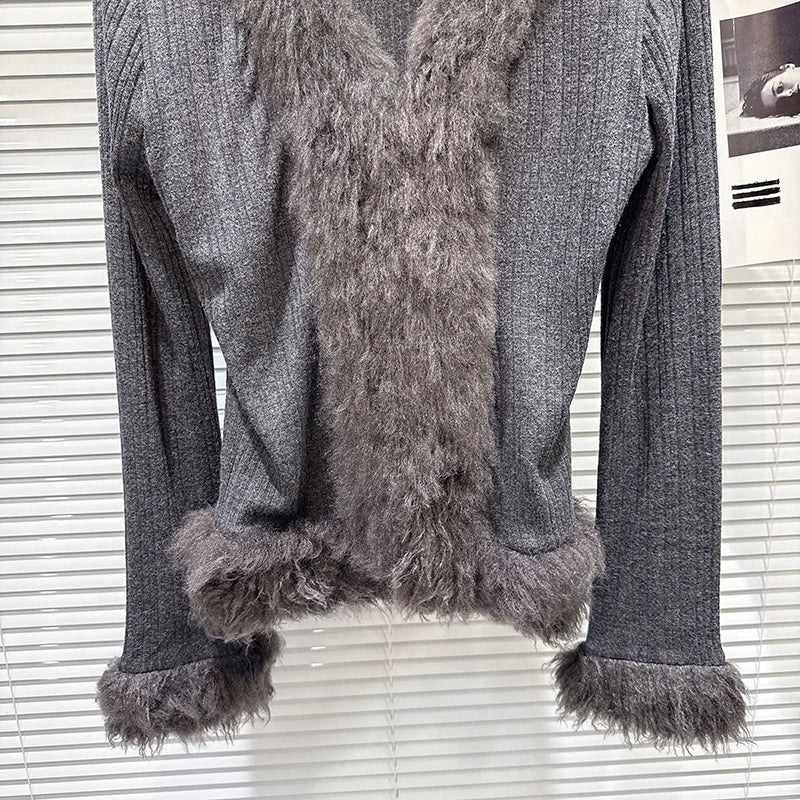 Winter New Fashion V-Neck Fur Collar Patchwork Long Sleeve T-Shirt For Women Versatile Knitted Cardigan 11A07844