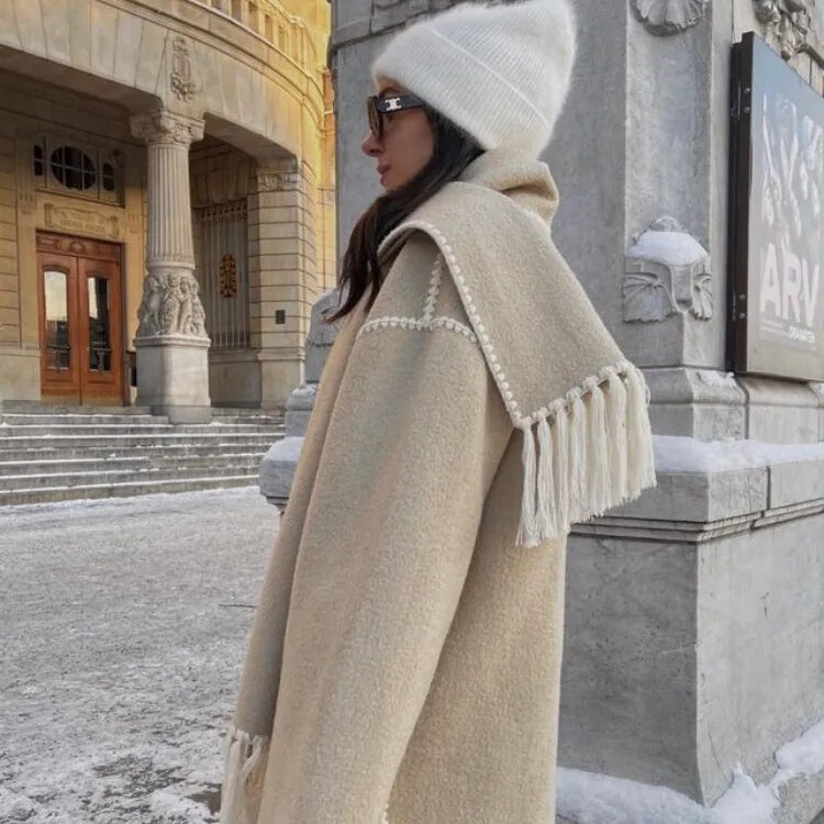 Woolen Jacket Women 2024 Autumn Winter Patchwork Tassel Coats Casual Fashion Long Sleeve Loose Top Warm Women's Suit Streetwear