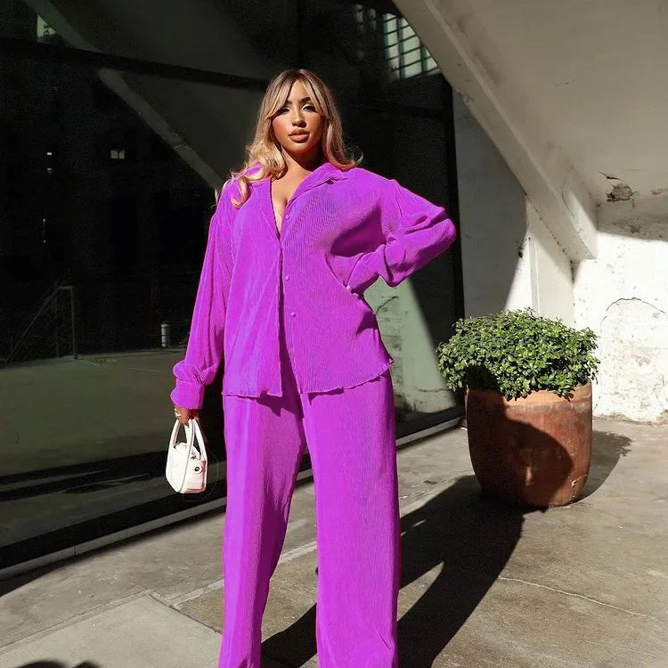 Pleated Solid Women Set Long Sleeve Shirts and Straight Wide Leg Pants Suits Tracksuit Two Piece Set Fitness Outfits light purple