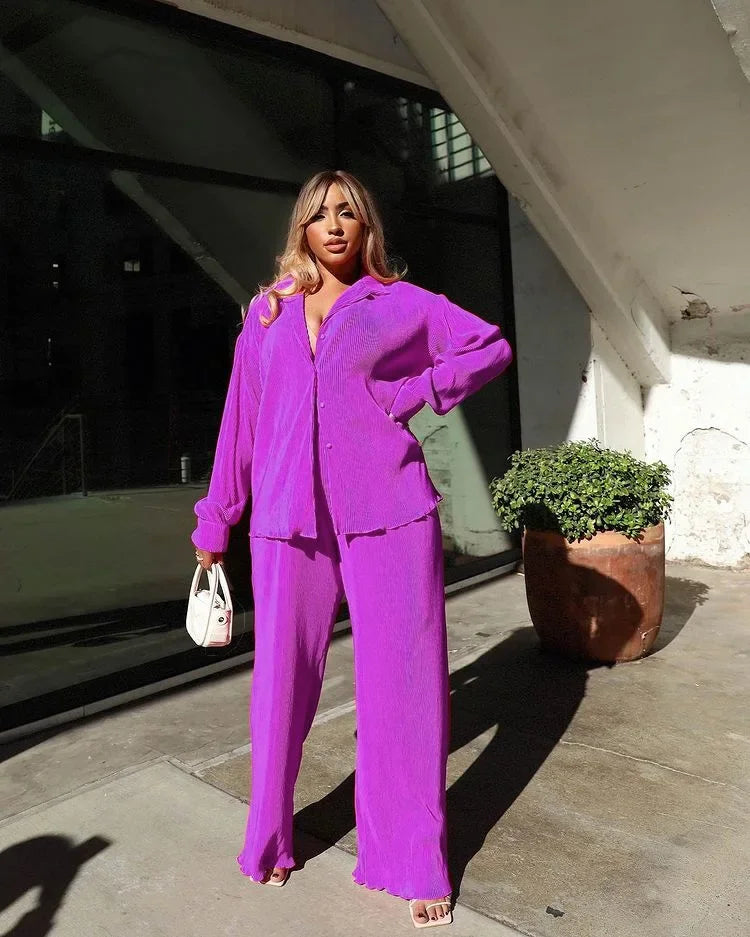 Pleated Solid Women Set Long Sleeve Shirts and Straight Wide Leg Pants Suits Tracksuit Two Piece Set Fitness Outfits light purple