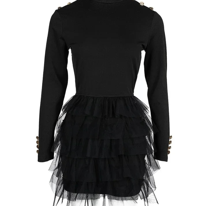 Mini Dress for Women 2023 Fashion Layered Ruffles Mesh Long Sleeve Sexy Party Skinny Dress Elegant Casual Female's Skirt Winter