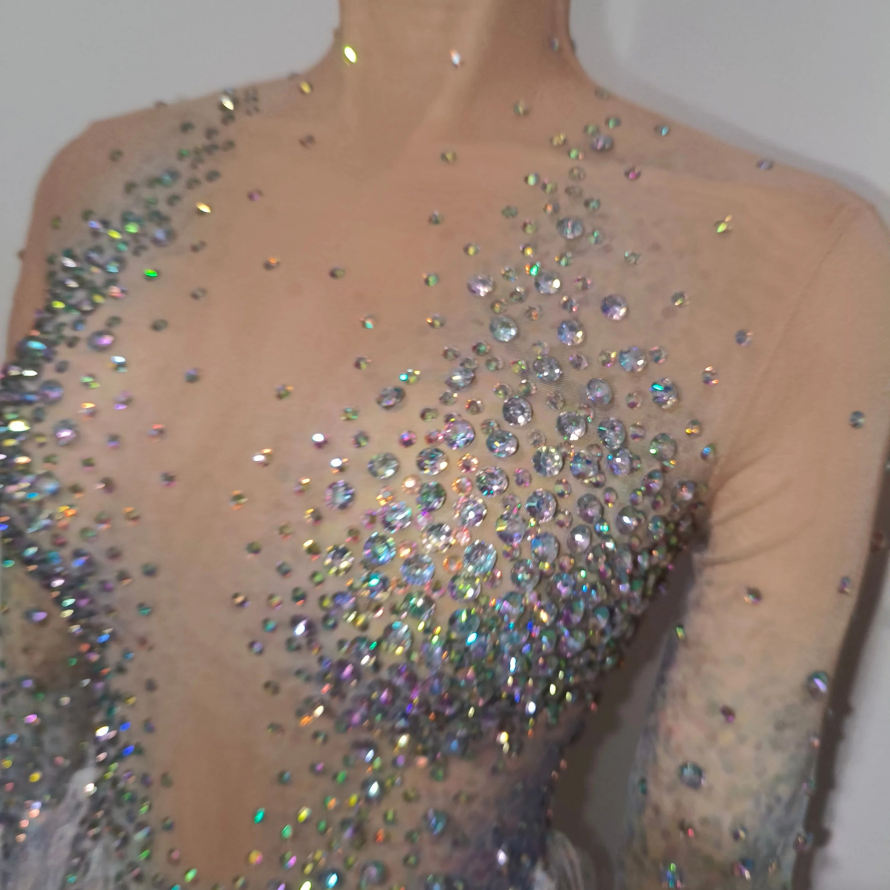 Luxurious Nude Long Sleeve Dress Women Sheer Mesh Iridescent Rhinestone Fringe Embellished Latin Dance Performance Costume