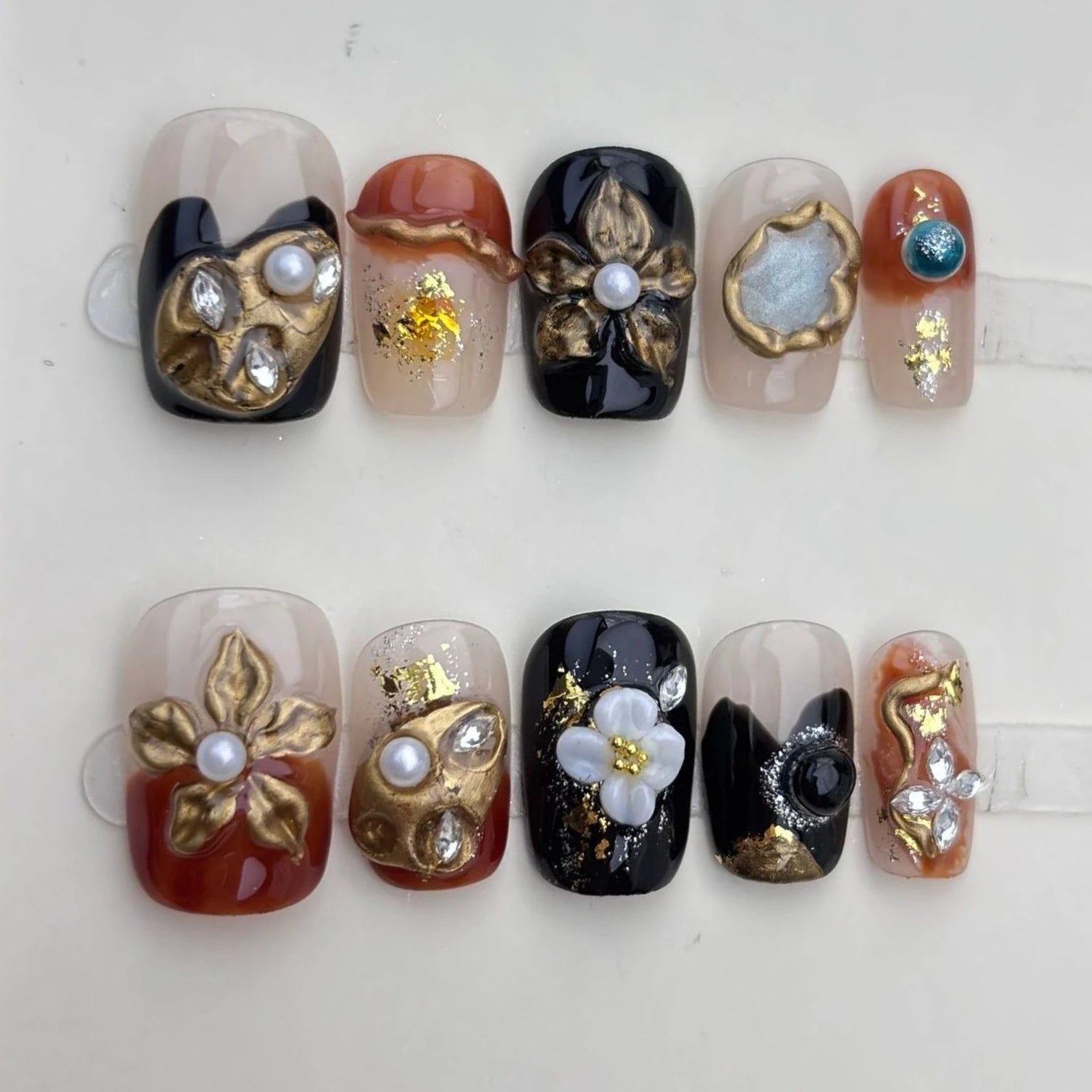 10Pcs Rose Gold Nail Art Full Cover Amber Exquisite 3D Flower Gentle French Short Ballet Spice Fake Nails Reusable Wearable Nail