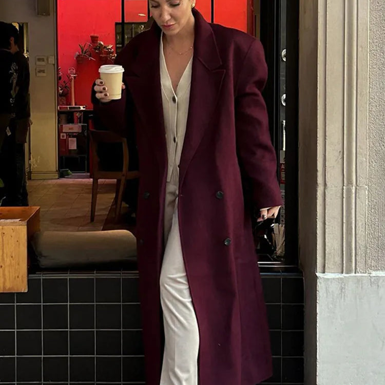 Fashion Burgundy Red Double Breasted Oversized Overcoat Women Casual Lapel Pockets Long Sleeve Coats Female High Streetwear Burgundy red