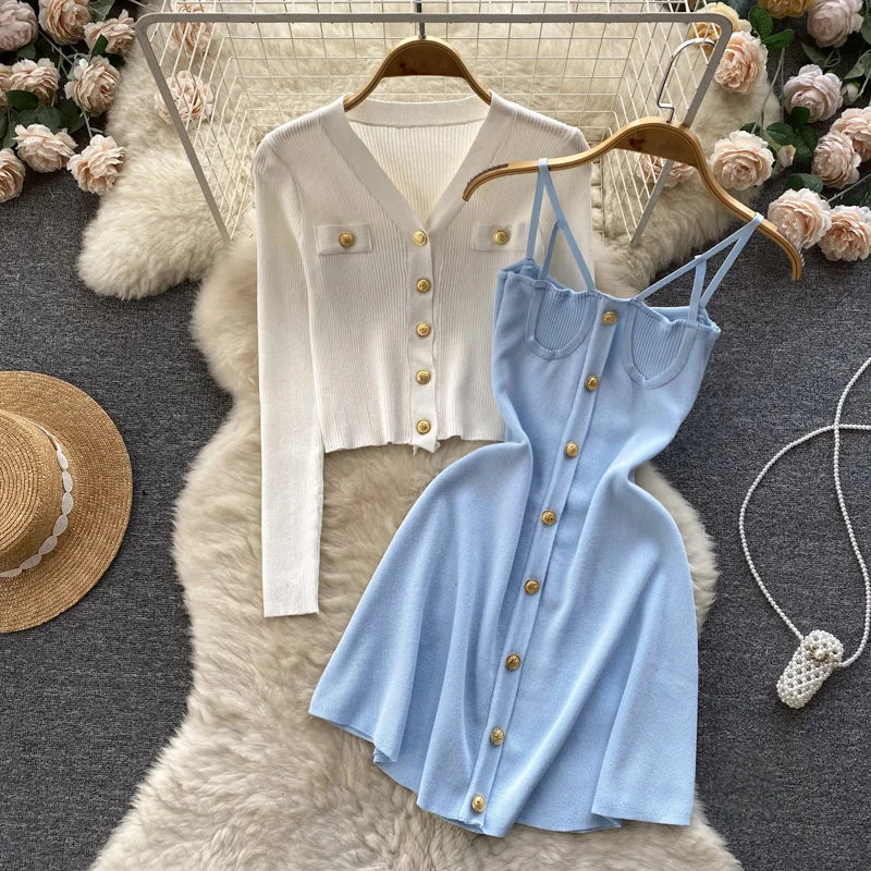 Women Dress Sets Autumn Fashion Spaghetti Straps Mini Dress + Full Sleeve Knitted Coats Lady Y2K Two Piece Suits