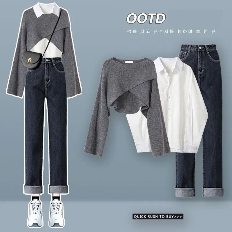Women's Autumn Winter New Suit 2024 Fashion Knit Cross Sweater+Shirt+Jeans Three Piece Korean Elegant Denim Pants Matching Set Set 02
