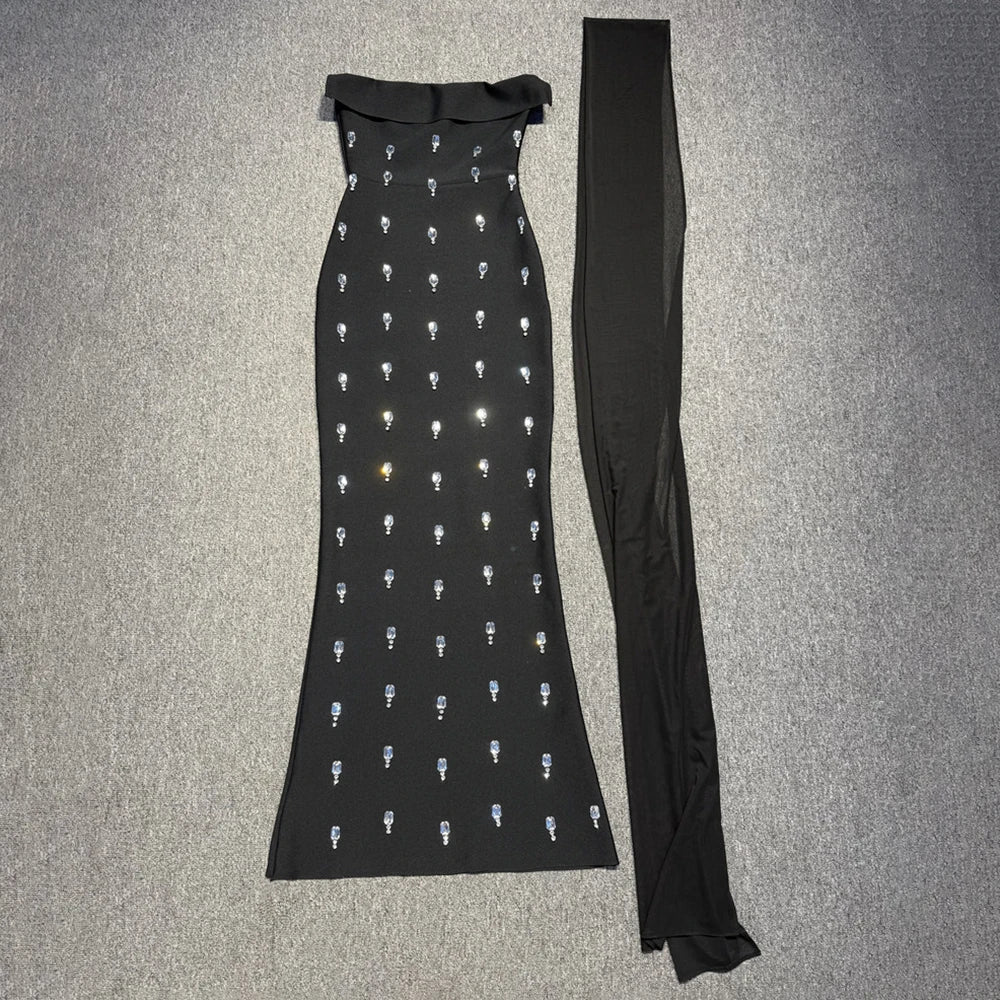 Vintage Elegant Black Strapless Sleeveless Crystal Dress for Galas Party Evening Gown