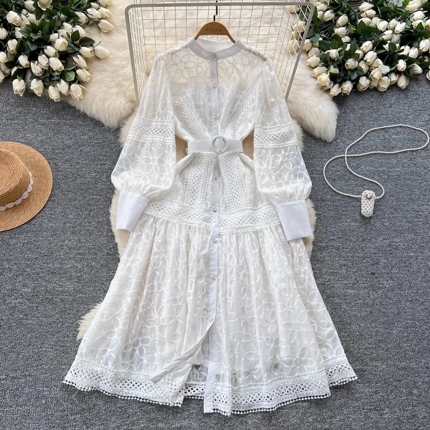 Autumn Elegant Hollow Out Spliced Lace Flower Embroidery Dress Women's Stand Collar Bandage Single Breasted Party Midi Vestidos white
