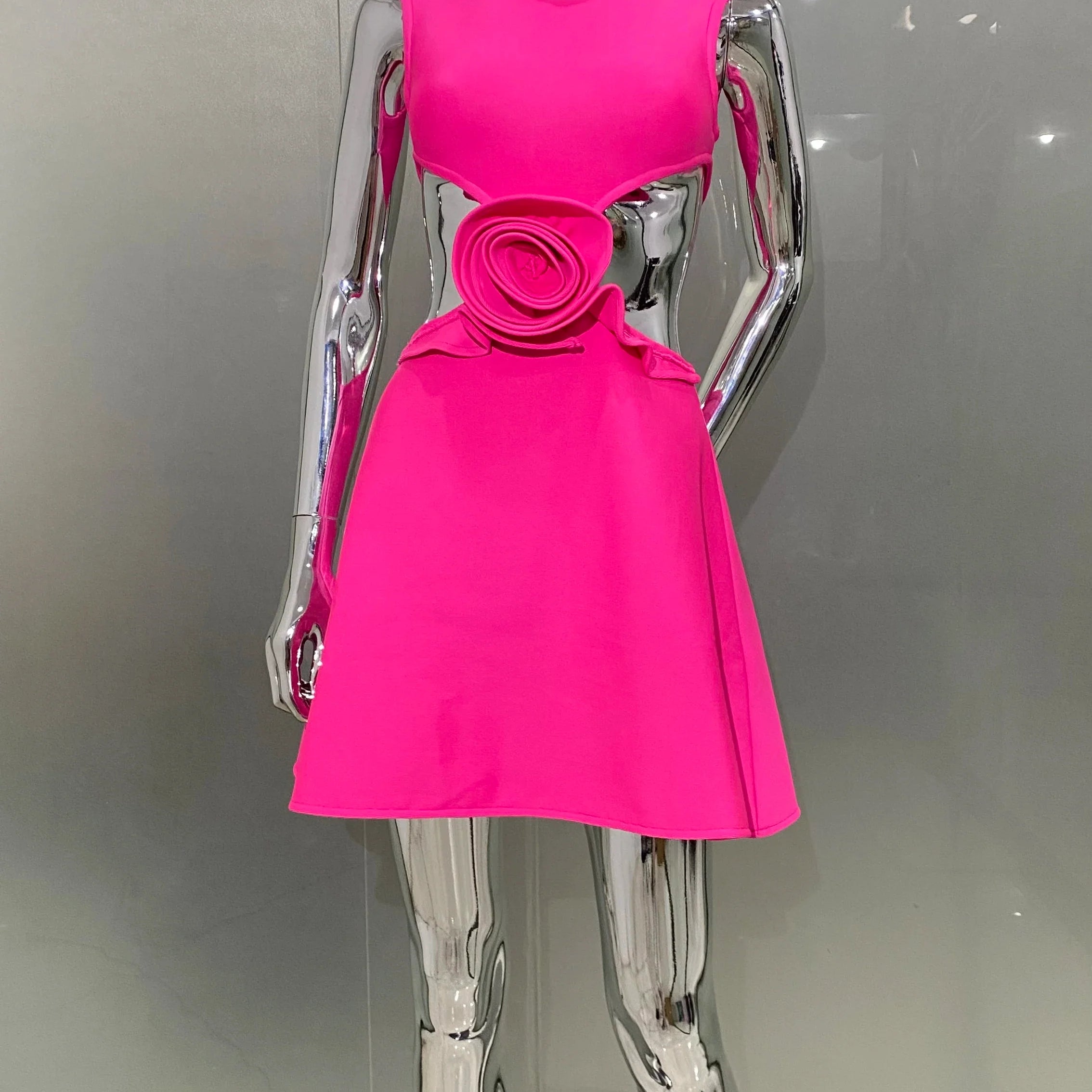 Rosered Color Women Sleeveless Sexy Waist Hollow Out Florals A-Line Bandage Mini Dress Fashion Birthday Cocktail Party Dress